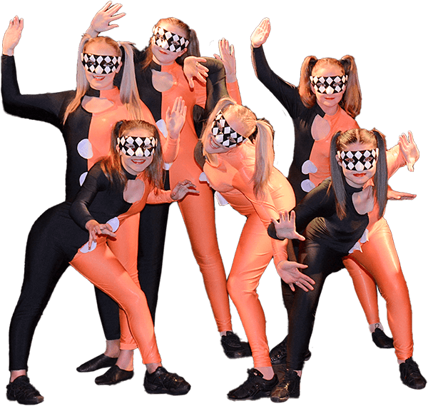 Dance crew in orange and black costumes